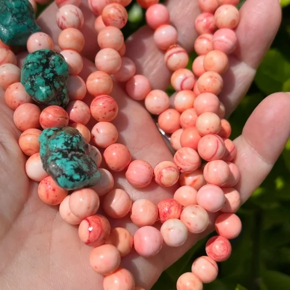 VINTAGE ANGEL SKIN CORAL &LARGE TURQUOISE BEADS LONG NECKLACE UNIQUE COLOR COMBO